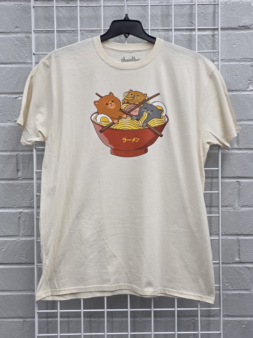 Threadless Cream Color Graphic Tee with Ramen and Cats Print Size 2XL
